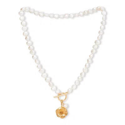 Pearls Of The Orient Online Women's White / Silver Vita Cultured Freshwater Pearl Necklace With Gold Cherry Blossom Charm In Multi