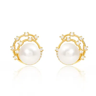 Pearls Of The Orient Online Women's White Stella Cultured Freshwater Pearl Stud Earrings With Gold Sparkle Swirl