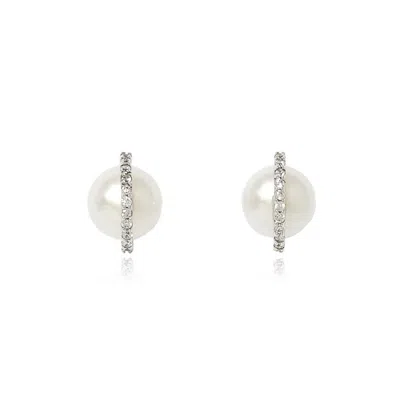 Pearls Of The Orient Online Women's White Stella Cultured Freshwater Pearl Stud Earrings With Pave Arc