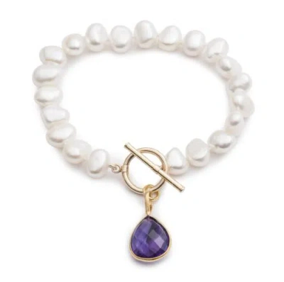 Pearls Of The Orient Online Women's White / Yellow Clara White Irregular Cultured Freshwater Pearl Bracelet With An Amethyst Dro In Multi