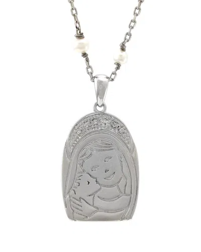 Pearls Silver 0.02 Ct. Tw. Diamond 2.75mm Pearl Pendant Necklace In Metallic