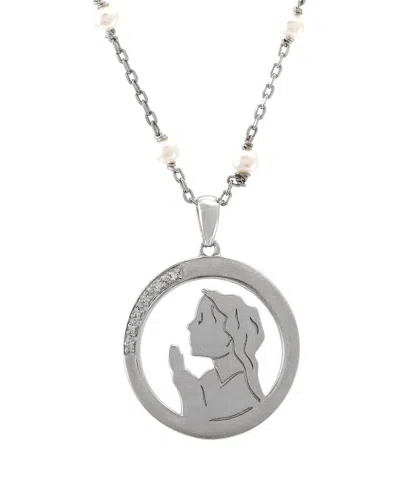 Pearls Silver 0.02 Ct. Tw. Diamond 2.80mm Pearl Pendant Necklace In Metallic