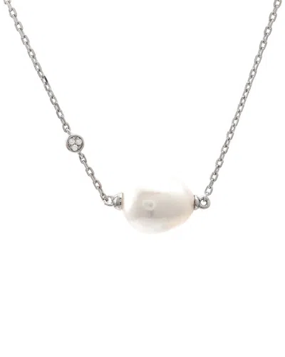 Pearls Silver 0.02 Ct. Tw. Diamond & 10-11mm Pearl Necklace In No Color