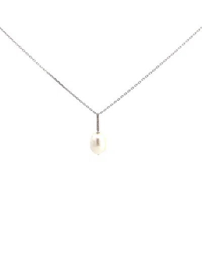 Pearls Silver 0.03 Ct. Tw. Diamond & 9-10mm Pearl Necklace In No Color