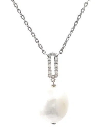Pearls Silver 0.03 Ct. Tw. Diamond & 9-10mm Pearl Necklace In No Color
