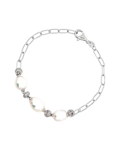 Pearls Silver 0.04 Ct. Tw. Diamond & 9-10mm Pearl Bracelet In No Color