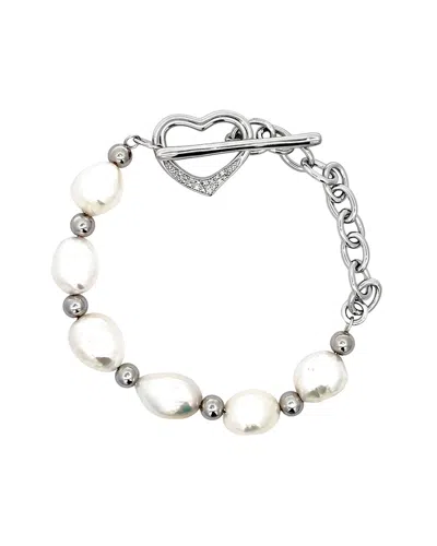 Pearls Silver 0.04 Ct. Tw. Diamond & 9-10mm Pearl Toggle Bracelet In No Color