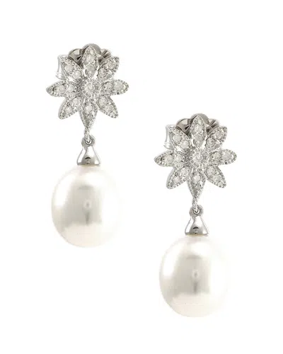 Pearls Silver 0.17 Ct. Tw. Diamond & 11-12mm Pearl Earrings In No Color