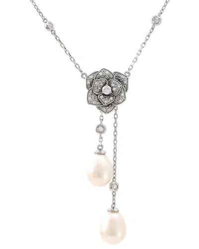 Pearls Silver 0.20 Ct. Tw. Diamond & 7-mm Pearl Necklace In No Color