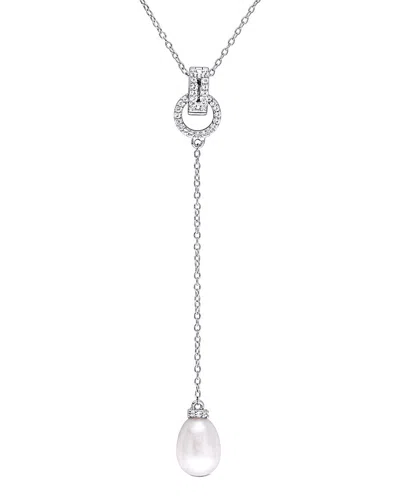 Pearls Silver 0.20 Ct. Tw. White Topaz & 8-8.5mm Freshwater Pearl Necklace In Metallic