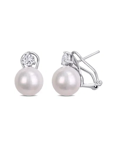 Pearls Silver 1.18 Ct. Tw. White Topaz & 11-12mm Freshwater Pearl Earrings In Multi