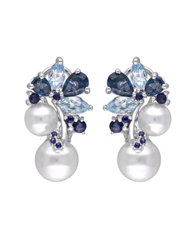 Pearls Silver 3.00 Ct. Tw. Gemstone & 6-8.5mm Freshwater Pearl Earrings In Metallic
