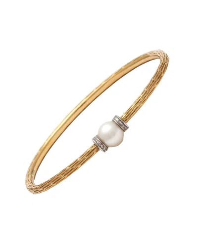 Pearls Silver & Stainless Steel 0.06 Ct. Tw. Diamond & 6-7mm Pearl Bangle Bracelet