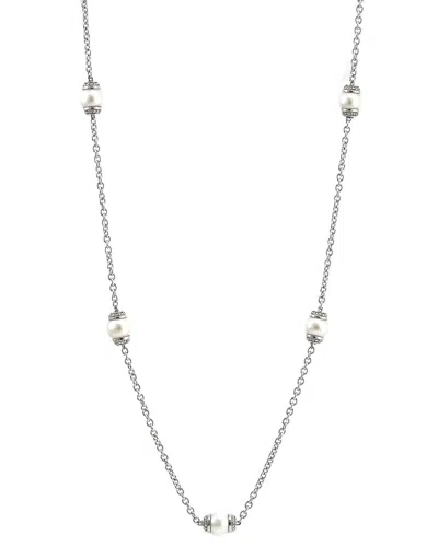 Pearls Silver & Stainless Steel 0.09 Ct. Tw. Diamond & 7-8mm Pearl Necklace In No Color