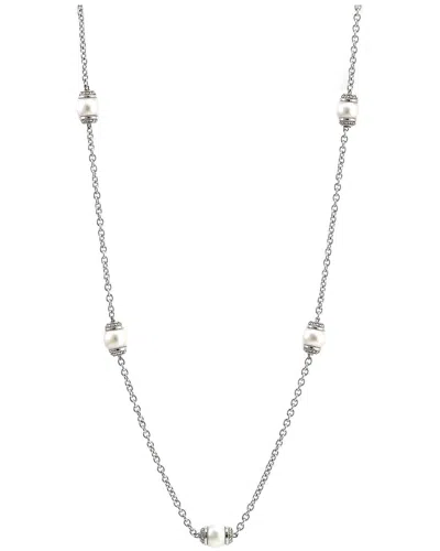 Pearls Silver & Stainless Steel 0.09 Ct. Tw. Diamond & 9-10mm Pearl Necklace In No Color