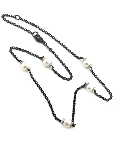 Pearls Silver & Steel 0.09 Ct. Tw. Diamond 8.15mm Pearl Pendant Necklace In Black