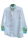 Pearly Vine Women's Beth Bell Sleeve Shirt In White With Aqua & Green In Blue
