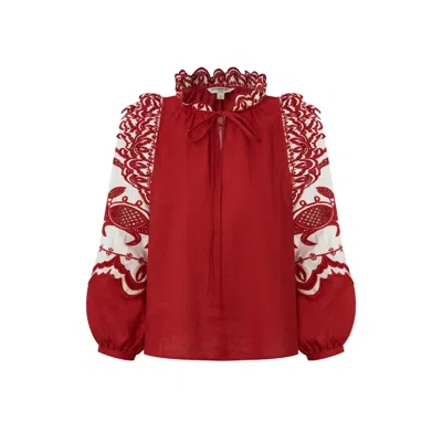 Pecanpepperpelican Women's Crab & Shrimp Embroidered Blouse In Red