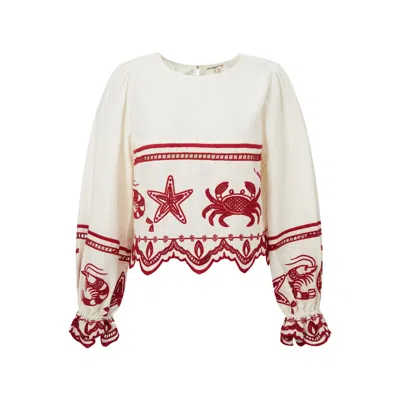 Pecanpepperpelican Women's White Crab & Shrimp Embroidered Long  Sleeve Top