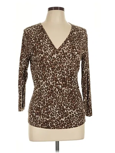 Pre-owned Peck & Peck 3/4 Sleeve Top Brown Animal Print Pattern V-neck Tops