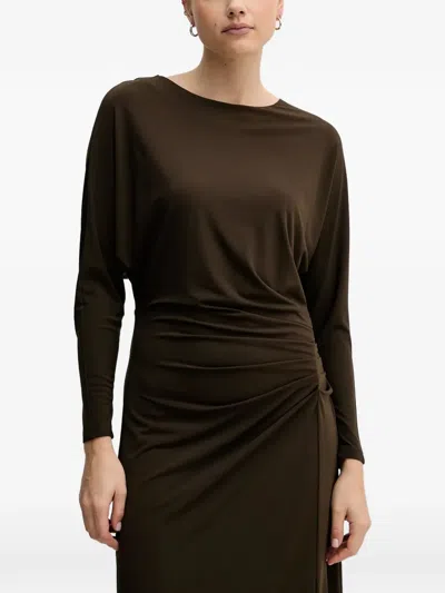 Pedro Del Hierro Long-sleeve Gathered Midi Dress In Brown