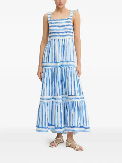 Pedro Del Hierro Smocked-striped Midi Dress In Blue