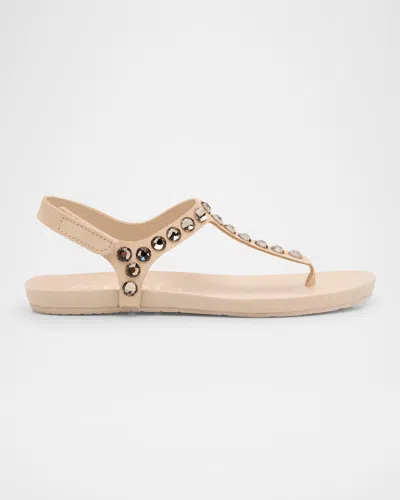Pedro Garcia Crystal Embellished T-strap Thong Sandals In Plume  Light Sand