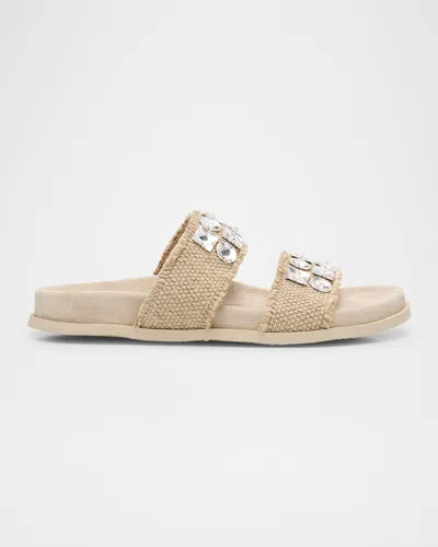 Pedro Garcia Dilys Two-band Embellished Frayed Linen Sandals In Flax