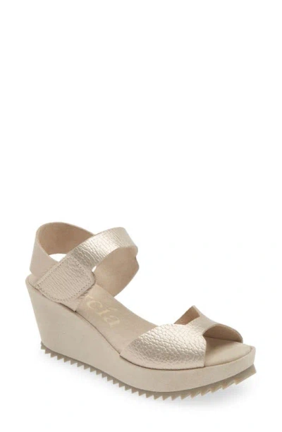 Pedro Garcia Fama Platform Wedge Sandal In White Gold Cervo Lame