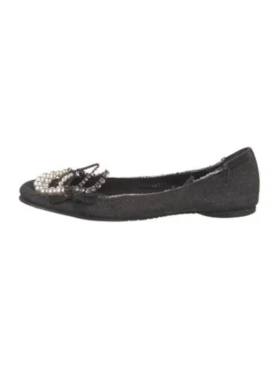 Pre-owned Pedro Garcia Faux Pearl Accents Denim Ballet Flats In Black