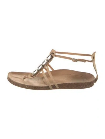 Pre-owned Pedro Garcia Leather Crystal Embellishments T-strap Sandals In Neutral