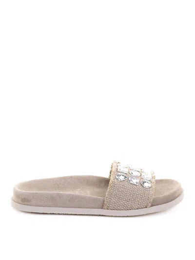 Pedro Garcia Linen And Suede Ciabatta With Rhinestones In White