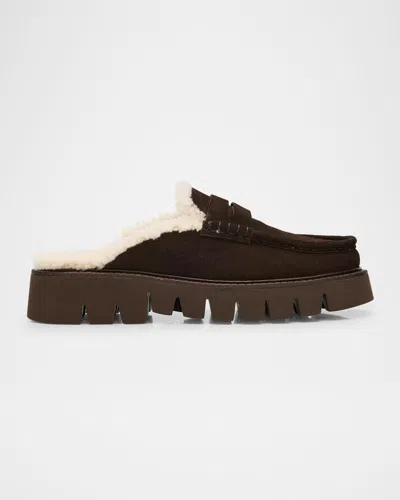 Pedro Garcia Savy Shearling-lined Suede Loafer Mules In Brown