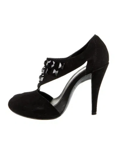 Pre-owned Pedro Garcia Suede Crystal Embellishments T-strap Pumps In Black