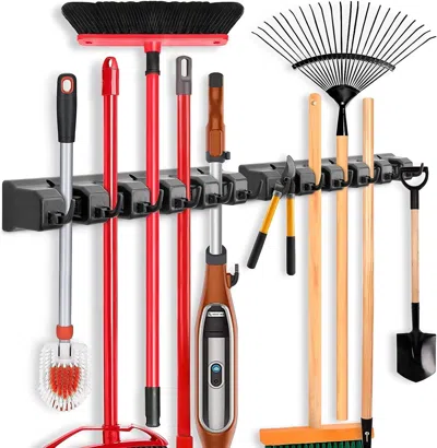 Peecaan 2 Pack Mop And Broom Holder, Wall Mounted Organizer Mop And Broom Storage Tool Rack With 5 Ball Slot In Red