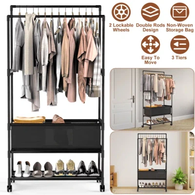 Peecaan 3 Tiered Portable Clothing Rack For Bedroom Entryway Double Hanging Rods Sturdy Iron Garment Rack Wi In Black