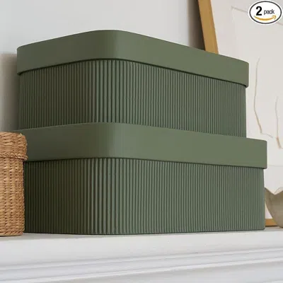 Peecaan Decorative Storage Boxes With Lids - Set Of 2 Beautiful Fluted Cardboard Organizer Bins For Your Hom In Green