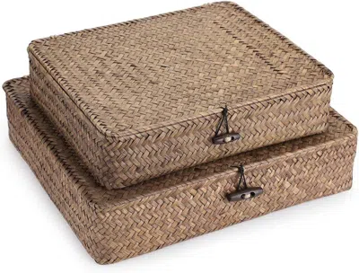 Peecaan Set Of 2 Flat Woven Wicker Storage Bins With Lid Natural Seagrass Basket Multipurpose Home Boxes For In Brown