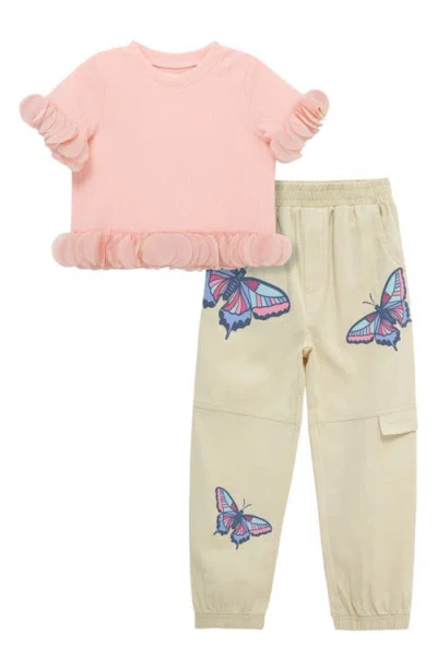 Peek Aren't You Curious Kids'  Flutter Trim T-shirt & Butterfly Print Cargo Joggers Set In Lilac