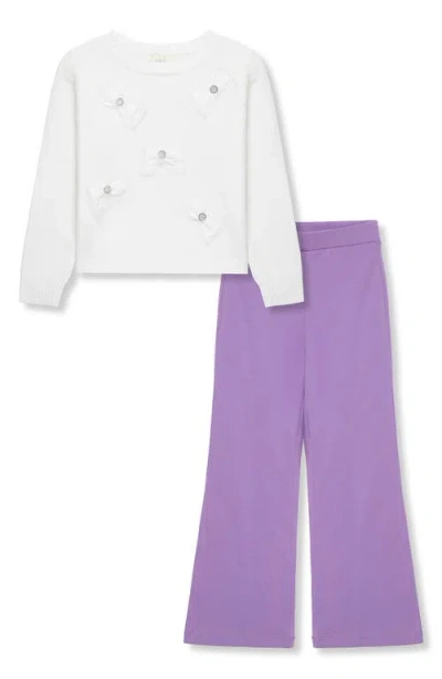 Peek Aren't You Curious Kids' Bows Appliqué Sweater & Flare Pants Set In Off-white