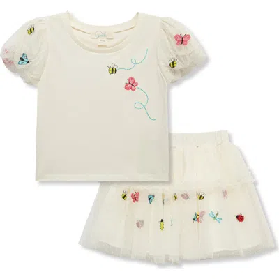 Peek Aren't You Curious Kids' Bug Embroidered Puff Sleeve Top & Tulle Skirt Set In Off-white