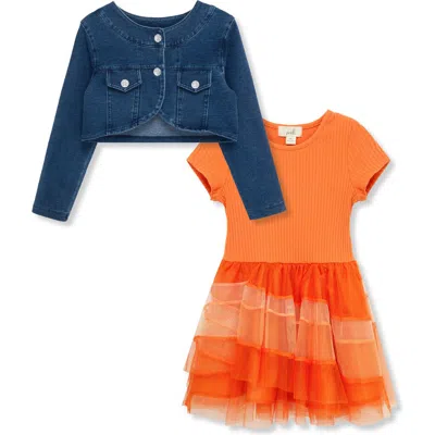 Peek Aren't You Curious Kids' Dress & Denim Jacket Set In Orange