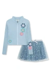 Peek Aren't You Curious Kids' Embroidered Flower Top & Polka Dot Tulle Skirt Set In Blue