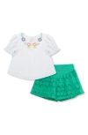 Peek Aren't You Curious Kids' Floral Embroidered Top & Crochet Stitch Shorts Set In Green