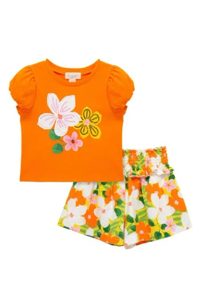 Peek Aren't You Curious Kids' Floral Shirt & Shorts Set In Orange