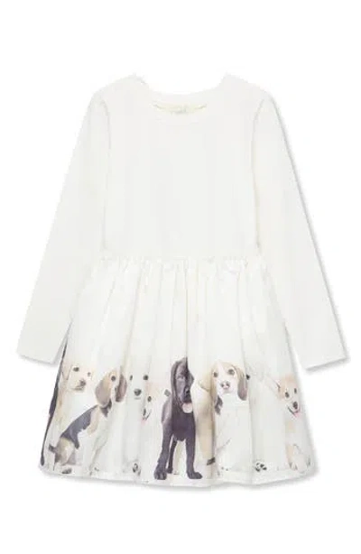 Peek Aren't You Curious Kids' Puppy Row Long Sleeve Stretch Cotton Dress In White
