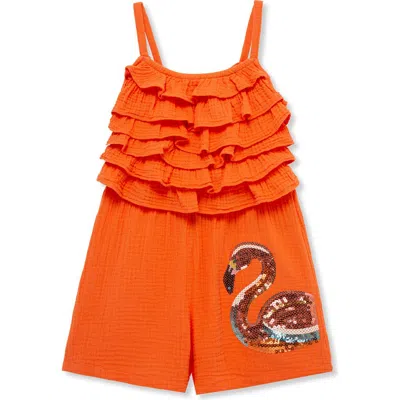 Peek Aren't You Curious Kids' Ruffle Cotton Gauze Romper In Orange