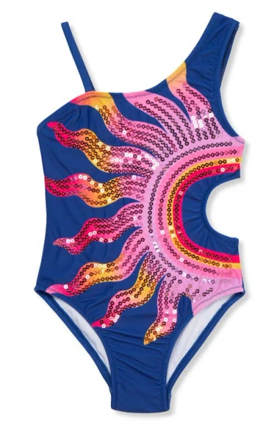 Peek Aren't You Curious Kids' Sequin Sun One-piece Swimsuit In Dark Blue