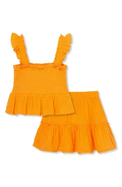 Peek Aren't You Curious Kids' Smocked Cotton Top & Skirt Set In Coral