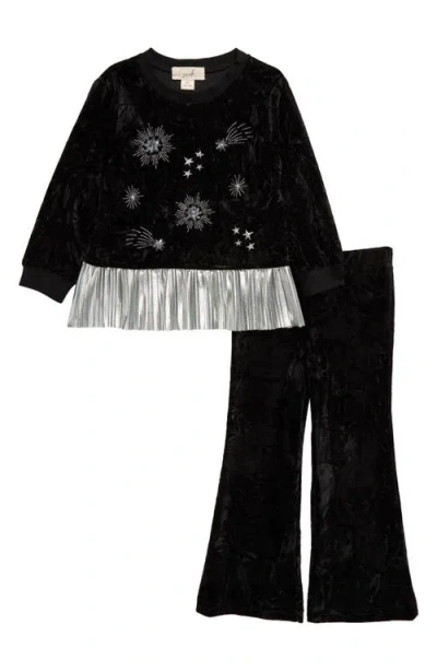 Peek Aren't You Curious Kids' Starry Night Sequin Embroidered Peplum Top & Flare Pants Set In Black